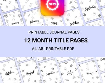 12 Monatstitelseiten - Druckbare Journalseite - DRUCKBARE TITELSEITE - Printable Planer- Deckblatt - Achtsame niedliche Titelseite - Bundle A