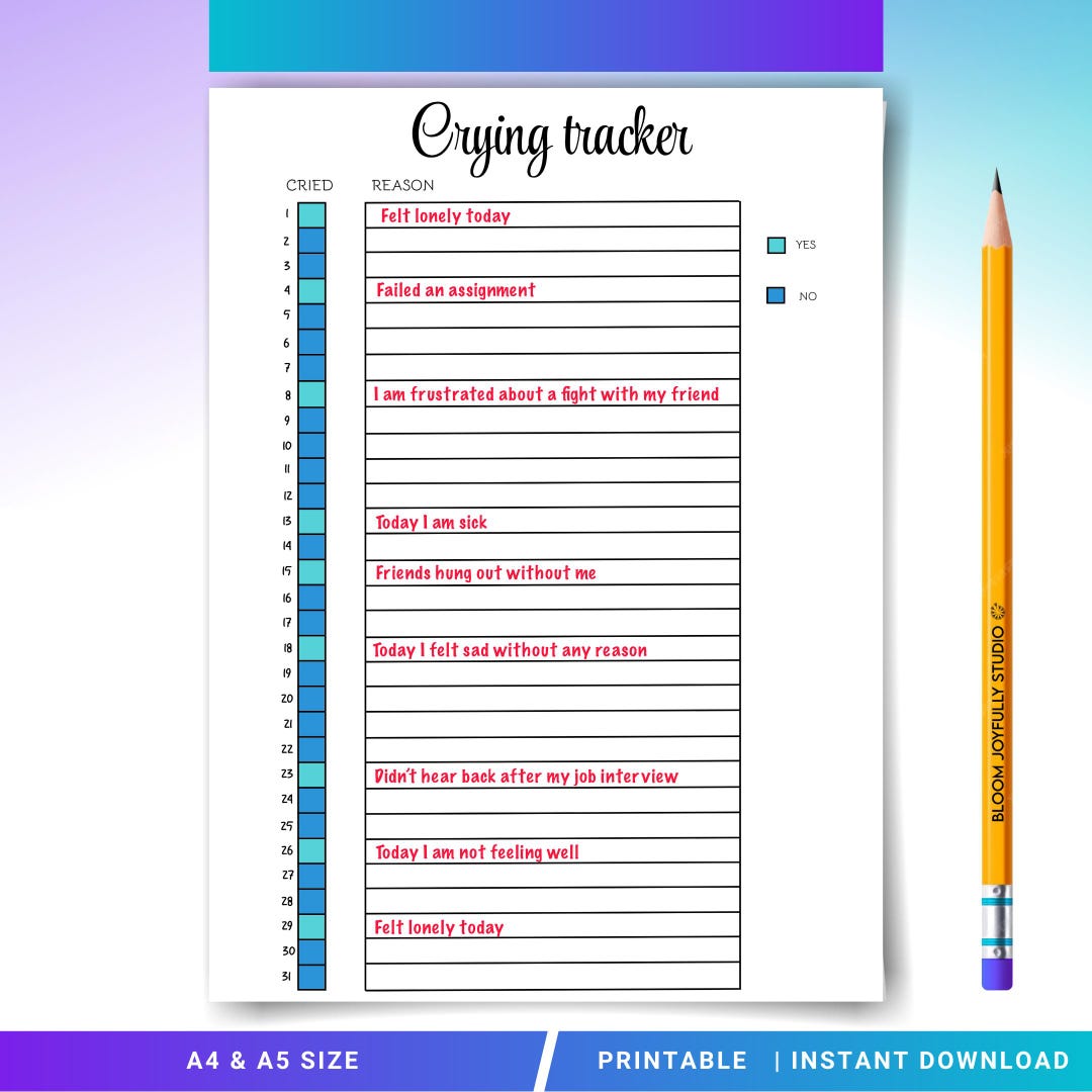 Crying Printable Crying Tracker PRINTABLE - Mental Health Tracker - Emotional Release ...