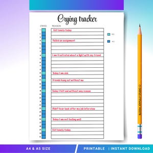 Puede incluir: Una hoja imprimible "Crying tracker" con un fondo degradado azul y turquesa. La hoja incluye secciones para registrar las razones para llorar. Un lápiz amarillo con una goma azul descansa en el lado derecho. El texto incluye "A4 & A5 SIZE" y "PRINTABLE | INSTANT DOWNLOAD."