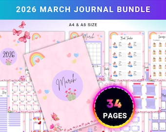 MARCH Planner Bundle - Habit Tracker - Daily Reflection - Mental Health - Gratitude - Mood Tracker - A4,A5 Size - Printable Digital Download