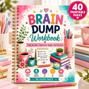 Puede incluir: Un cuaderno de trabajo Brain Dump con encuadernación en espiral y fondo de acuarela colorido. La portada incluye ilustraciones de tazas, libros, una suculenta y bolígrafos, con el texto Empty Your Mind, Organize Your Thoughts, Find Your Focus.