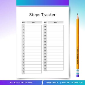May include: A white printable "Steps Tracker" sheet with a grid for tracking daily steps. The sheet includes spaces for 31 days. A yellow pencil with the text "BLOOM JOYFULLY STUDIO" is on the right. The bottom banner reads "A4, A5 & LETTER SIZE" and "PRINTABLE | INSTANT DOWNLOAD".