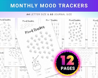 MONTHLY Mood Trackers Bundle - Printable Mood Tracker for journal, Monthly, Daily Mood Log, Minimalist Mood Tracker - A4 & A5 size Bundle D