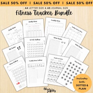 Puede incluir: Un conjunto de plantillas de seguimiento de fitness en tamaños A4 y A5. El paquete incluye varios rastreadores para objetivos de fitness diarios, semanales y mensuales, incluido un desafío de 100 millas y un rastreador de pérdida de peso. El conjunto incluye páginas punteadas y lisas.