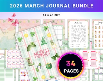 MARCH Planner Bundle - Habit Tracker - Saving Planner - Mental Health - Gratitude - Mood Tracker - A4,A5 Size - Printable Digital Download