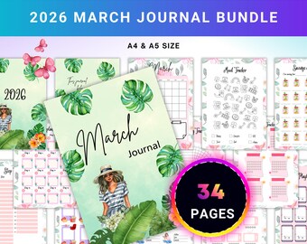 MARCH Planner Bundle - Habit Tracker - Saving Planner - Mental Health - Gratitude - Mood Tracker - A4,A5 Size - Printable Digital Download