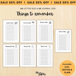 May include: A set of printable journal pages with the text "Things to remember." The pages include lists for books, movies, shows, games, restaurants, recipes, and places. The pages are available in A4 and A5 sizes and include both dotted and plain options.
