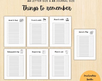 Things To Remember Bundle, Weekly & Monthly Planner, Books To Read, Movies To Watch, Recipes To Try - Printable Journal Page - A4, A5 Size