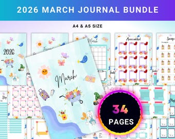 MARCH Planner Bundle - Habit Tracker - Spring Planner - Mental Health - Gratitude - Mood Tracker - A4,A5 Size - Printable Digital Download