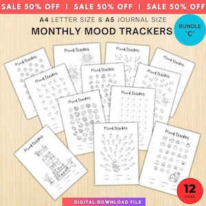 MONTHLY Mood Trackers Bundle - Printable Mood Tracker for journal, Monthly, Daily Mood Log, Minimalist Mood Tracker - A4 & A5 size Bundle C