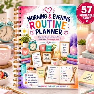 May include: A spiral-bound Morning & Evening Routine Planner with a watercolor background. The cover features illustrations of a desk with a mug, alarm clock, candle, and open notebook. Text includes 57 Printable Pages and daily routine checklists.