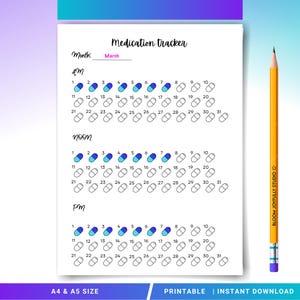 Könnte beinhalten: Ein ausdruckbarer Medikamenten-Tracker mit dem Titel "Medication tracker" für März. Er enthält AM-, Mittag- und PM-Abschnitte mit Feldern zur Aufzeichnung der täglichen Medikamenteneinnahme. Ein gelber Bleistift befindet sich auf der rechten Seite.