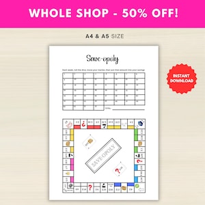 Save-opoly 貯蓄プリント - 貯蓄チャレンジ - 貯蓄ゲーム - 予算ゲーム - 貯蓄目標 - 貯蓄トラッカー - Save-oply チャレンジ