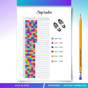 May include: A printable step tracker on white paper with a colorful grid for tracking steps throughout the year. The words "Step tracker" are at the top, with a pencil on the right. The bottom reads "A4 & A5 SIZE PRINTABLE | INSTANT DOWNLOAD".