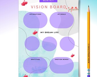 VISION BOARD mensuel 2026 - Objectifs - Affirmations - Emotions - Rêve de vie - Gratitude - PDF imprimable - Formats A4, A5 et lettre