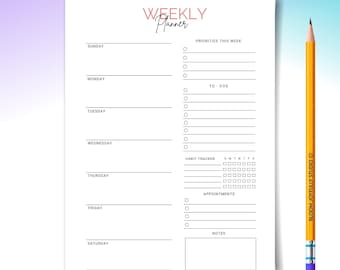 Minimalist Weekly Planner PRINTABLE - Weekly To Do List - Weekly Habit Tracker - Weekly Goal Planner - - A4, A5, Letter size
