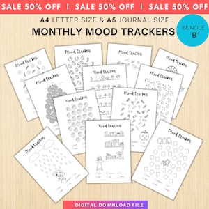 MONTHLY Mood Trackers Bundle - Printable Mood Tracker for journal, Monthly, Daily Mood Log, Minimalist Mood Tracker - A4 & A5 size Bundle B