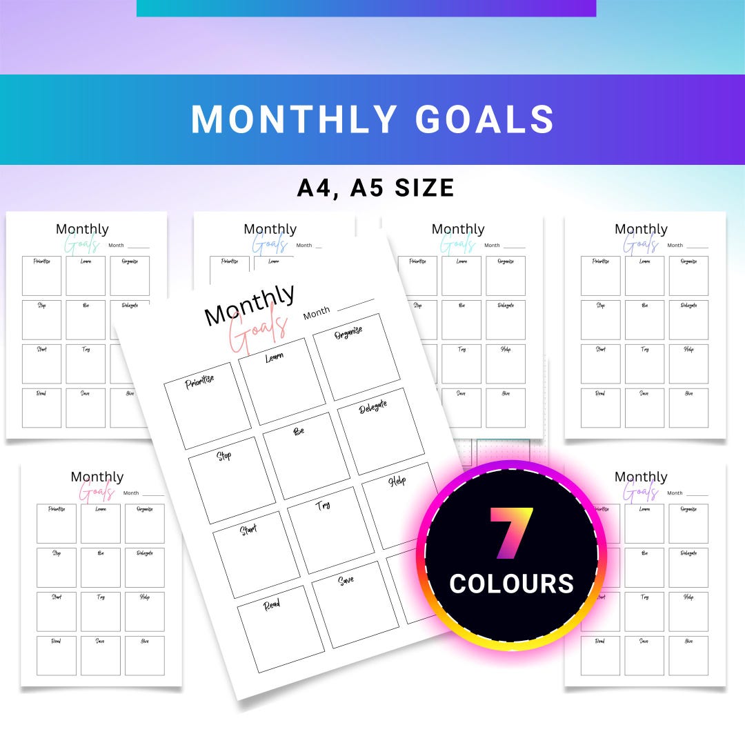 Monthly Goals Planner PRINTABLE - Goal Setting Worksheet - Productivity ...