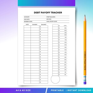 Könnte beinhalten: Ein druckbarer Schulden-Abzahlungstracker auf weißem Papier mit einem gelben Bleistift. Der Tracker enthält Felder für Kontodetails, Daten und ein Fortschrittsdiagramm. Der Text "Debt Payoff Tracker" steht oben. Der Bleistift ist etwa 18 cm lang.