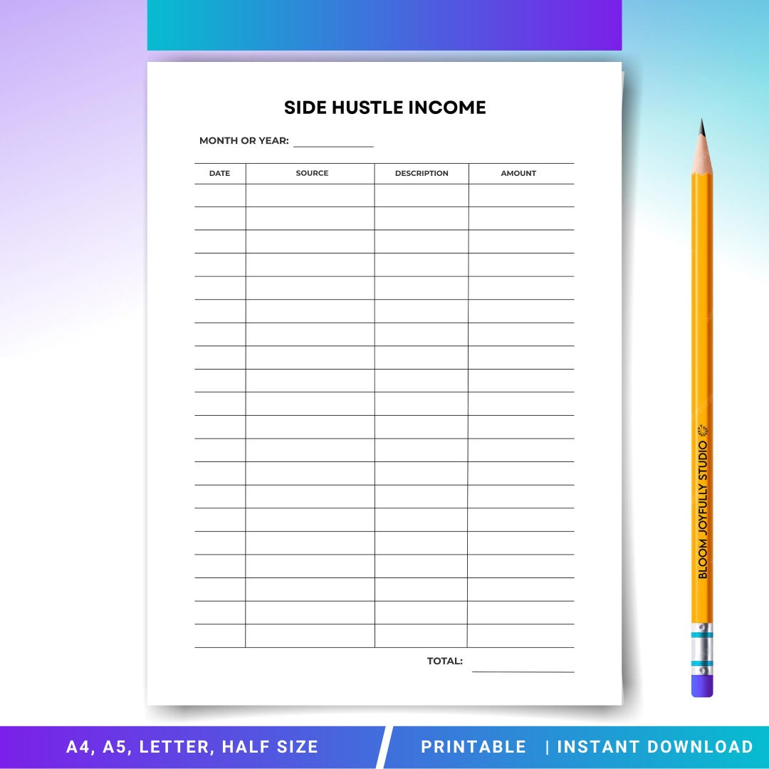 Side Hustle Income Tracker PRINTABLE - Extra Income Log - Small ...