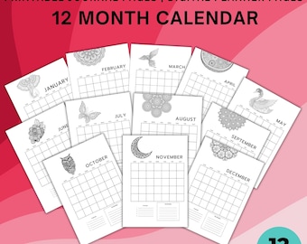 Calendario de 12 meses - Planificador mensual - Calendario de diario - CALENDARIO IMPRIMIBLE - Diario - Planificador imprimible - PAQUETE - C