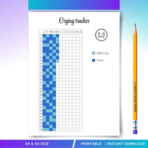 Pode incluir: Um rastreador de choro imprimível em papel branco com uma grade para rastrear as emoções diárias. O título "Crying tracker" está no topo. Um lápis amarelo com o texto "BLOOM JOYFULLY STUDIO" está à direita. Disponível nos tamanhos A4 e A5.