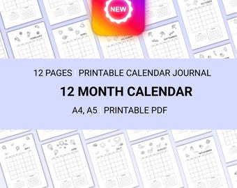 Calendario de 12 meses - Planificador mensual - Calendario de diario - CALENDARIO IMPRIMIBLE - Diario - Planificador imprimible - PAQUETE - D