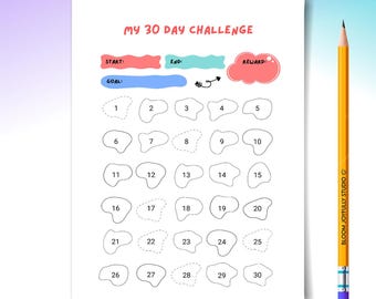 30 Day Challenge PRINTABLE - Daily Goal Tracker- Self Improvement Planner - A4 , A5, Letter, Half size - Instant Download