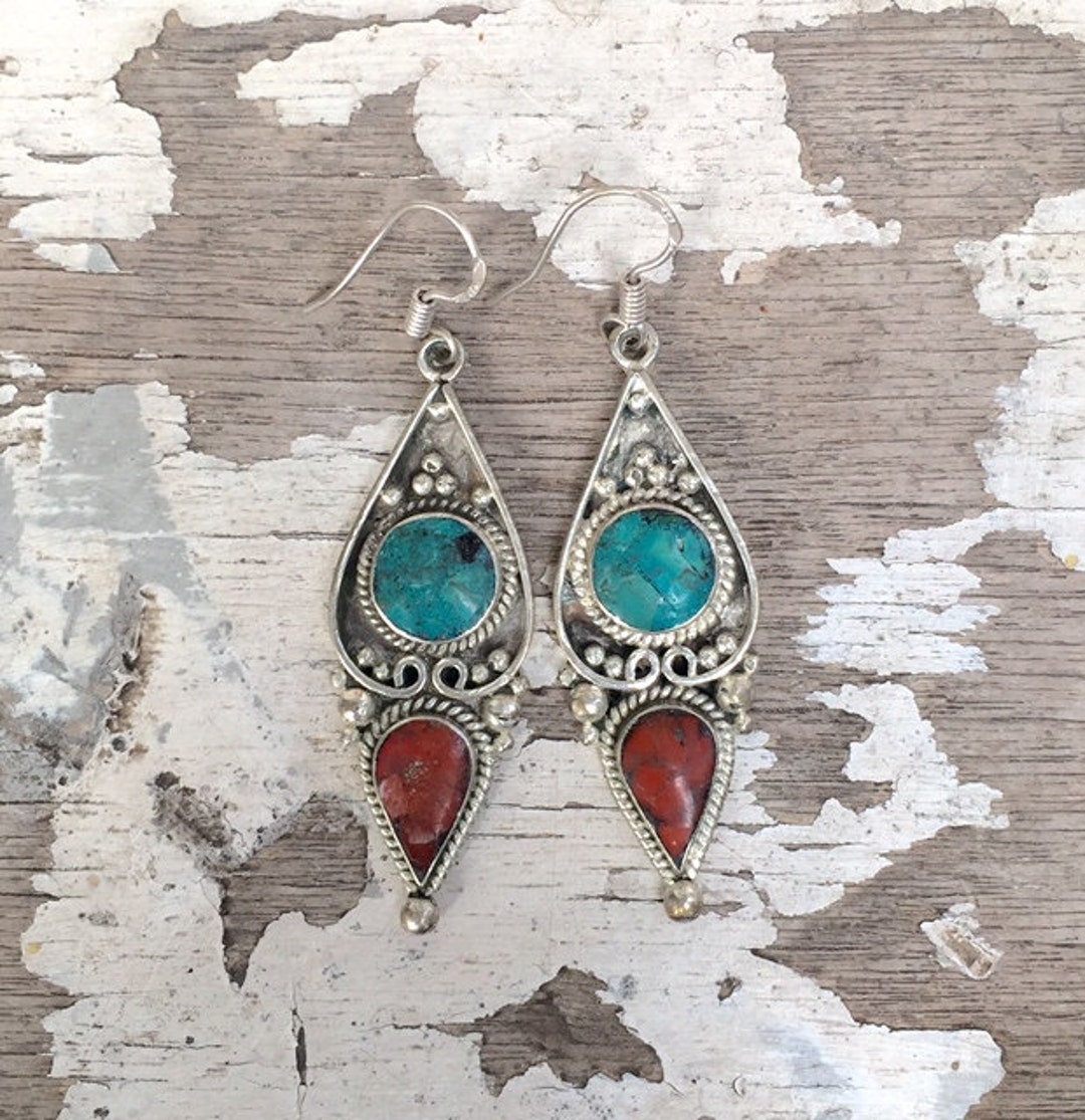 Nepalese Earrings Tibetan Earrings Turquoise & Coral - Etsy