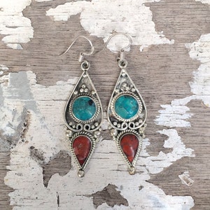 Nepalese Earrings , Tibetan Earrings , Turquoise & Coral Earrings ,  Boho Turquoise Earrings