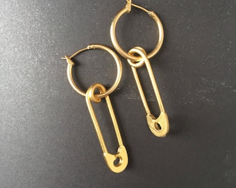 2 Pairs Safety Pin Earrings For Women - Punk Paperclip Dangle & Hoop Earrings - Gold & Silver Set
