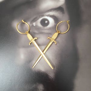 Gold swords earrings , dangle sword earrings , punk rock hoop earrings , gold plated