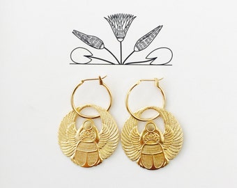 Gold Egyptian Goddess Earrings , Winged Scarab Earrings , Gold Beetle Hoop Earrings