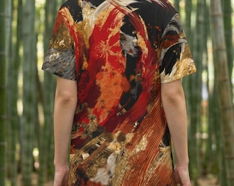 Japanese Phoenix Kimono Art T-Shirt, Ukiyoe Sumi-e All-Over Print Tee