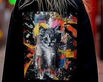 Sudadera con estampado de gatitos de arte callejero, cuello redondo con gráfico de gato neoexpresionista, jersey de estilo urbano.