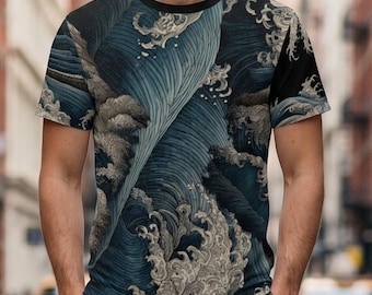 Ukiyoe Ocean Waves All-Over Print T-Shirt, Japanese Irezumi Style Streetwear Tee