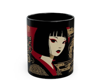 Taza japonesa estilo Art Nouveau en negro y dorado con diseño de la Emperatriz Yokai Dorada