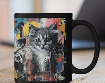 Avant-Garde Kitten Portrait Mug, Urban Street Art Black Coffee Cup, Abstract Cat Lover Gift