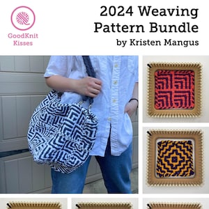 May include: A weaving pattern bundle featuring five different designs. The designs are woven on a loom and feature a variety of colours, including red, orange, yellow, green, purple, and blue. The bundle is titled "2024 Weaving Pattern Bundle by Kristen Mangus".