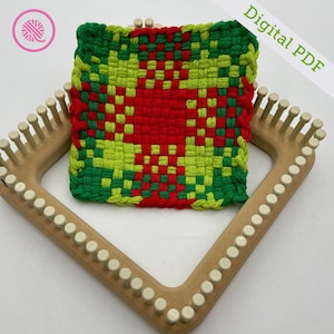 May include: A red, green, and yellow woven square on a wooden loom with white pegs.  The square is woven with a simple pattern of alternating colors.  Digital PDF.