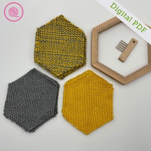 May include: Three woven hexagon coasters in yellow and gray, with a wooden loom in the background. The text "Digital PDF" is written in green on a white background.