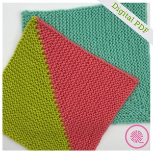 May include: Two knitted squares, one green and one pink, with a diagonal seam. The squares are made with a simple knit stitch. The text "Digital PDF" is in the top right corner of the image.