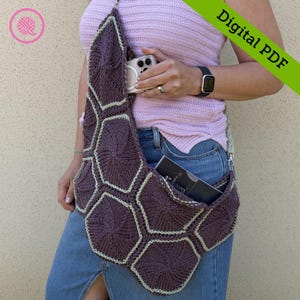 May include: A knitted, hexagonal-patterned shoulder bag in shades of purple and cream. The bag has a long strap and a pocket. The words "Digital PDF" are printed on the image.