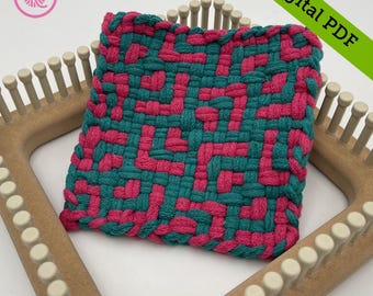 May include: A pink and teal woven square on a loom, with the text "Digital PDF" in the top right corner.