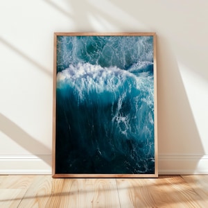 Surf waves aerial poster Oahu Hawaii – Ocean wall art print – Retro tropical beach photography – Coastal home decor