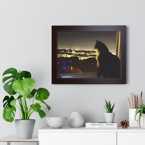 Elegant Cat Night View Framed Poster, Cat Lover Decor, Cozy Home Art, Cat Wall Art, Gift for Cat Owners, Pet Decor, Animal Lover Gift