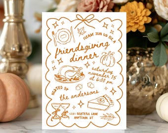 Op de afbeelding: Een Friendsgiving-dineruitnodiging met een decoratieve rand. De uitnodiging bevat een illustratie van een kalkoen, pompoen en taart in bruine inkt. De tekst luidt "Please join us for a Friendsgiving dinner" en bevat de datum, tijd en adres.