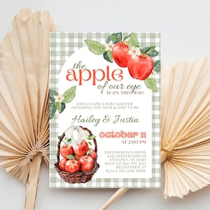 Apple Of Our Eye Baby Shower Invitation Template | Editable Canva Template | Fall Autumn Gingham Apple | Instant Download Printable Invite