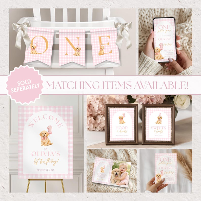 Gingham One Golden Year First Birthday Complete Bundle | Editable Canva ...