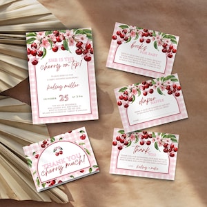 Cherry On Top Babypartyeinladung Bundle | Bearbeitbare Canva Vorlage | Druckbare Digitaler Download | Bücher für Baby-Windel Verlosung Danke